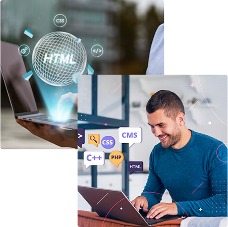 Developer coding with HTML icons