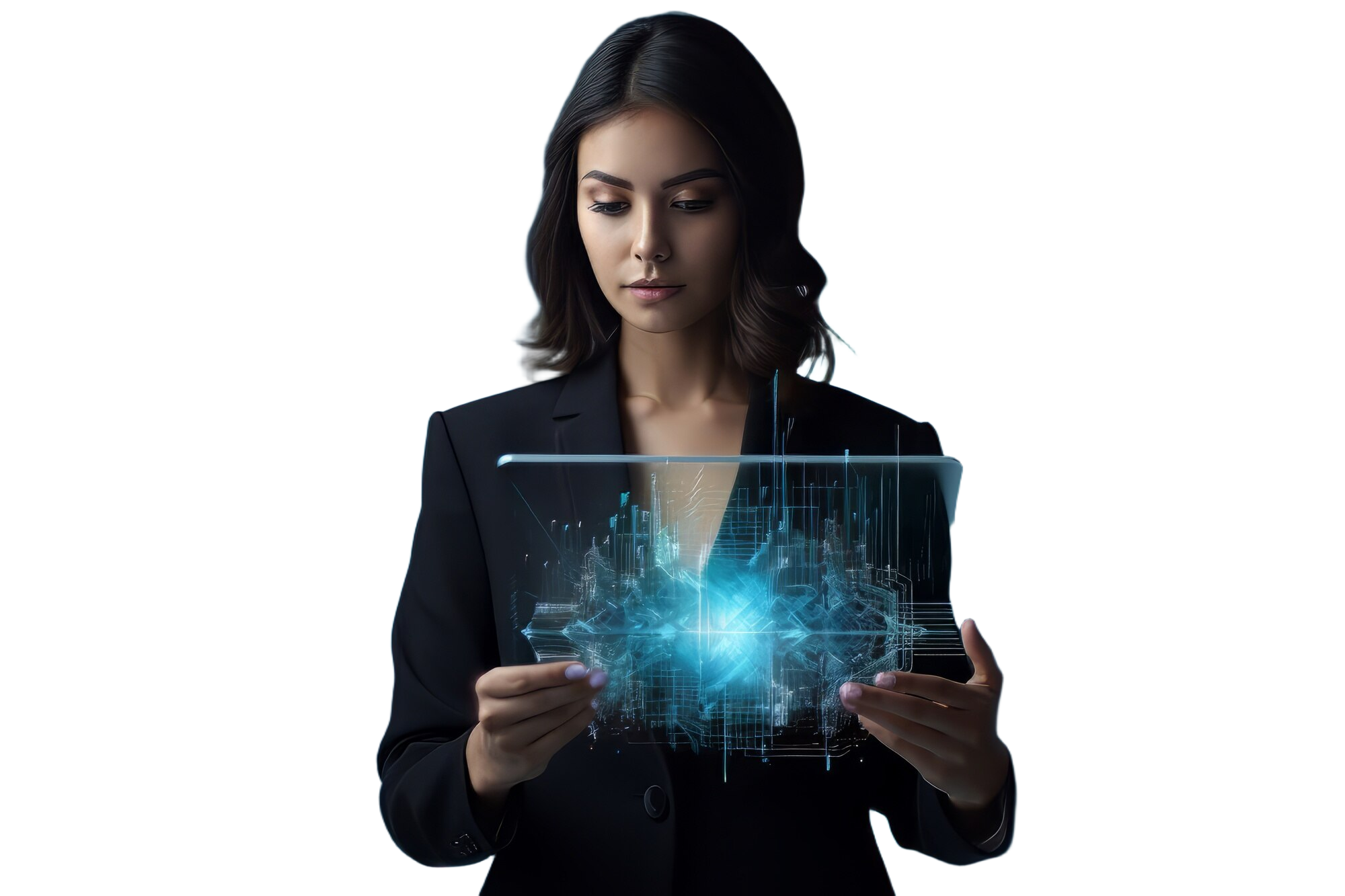 Woman holding futuristic digital tablet