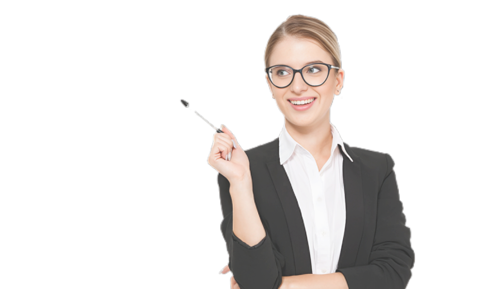 Smiling woman in a suit holding a pen