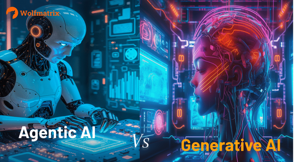 Comparison diagram showing generative AI creating content versus agentic AI making autonomous decisions in software development